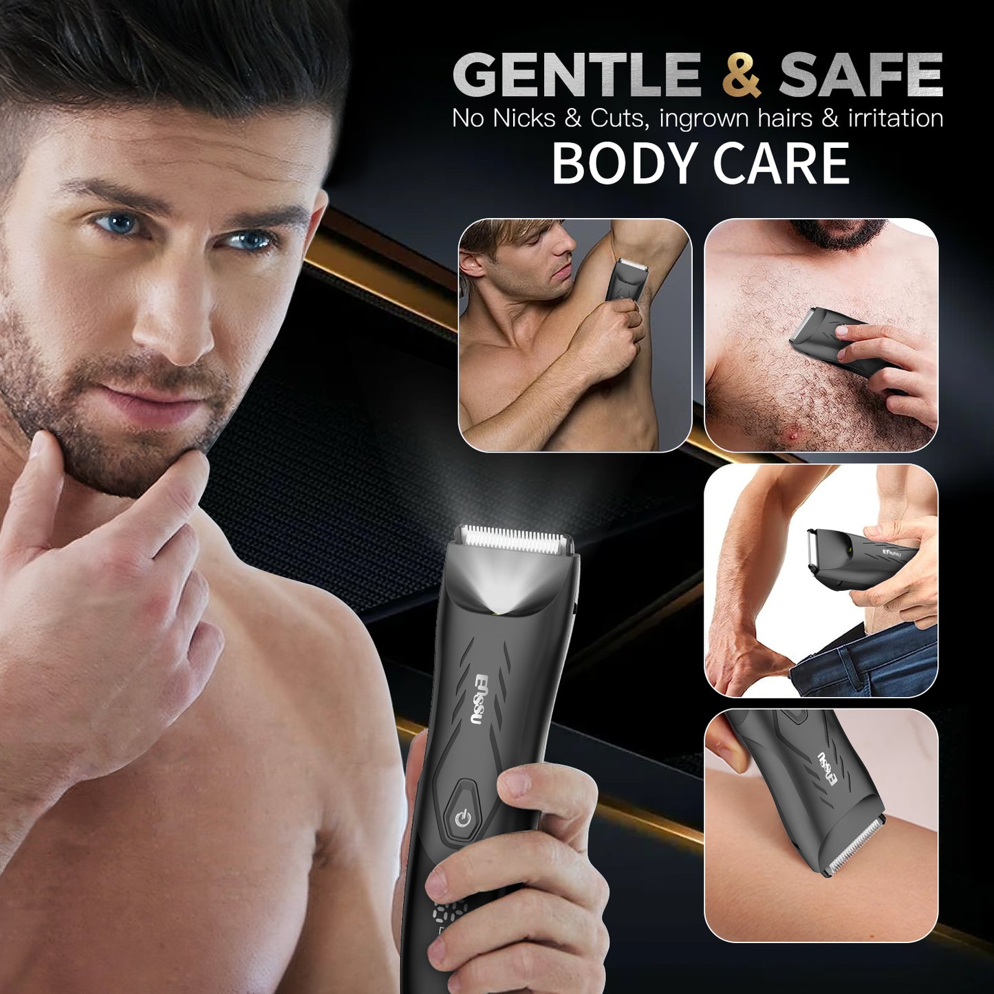 Men’s Body Trimmer – Safe Cut-Preventing Blade, IPX7 Waterproof, LED Spotlight, LCD Display & Charging Dock – Black