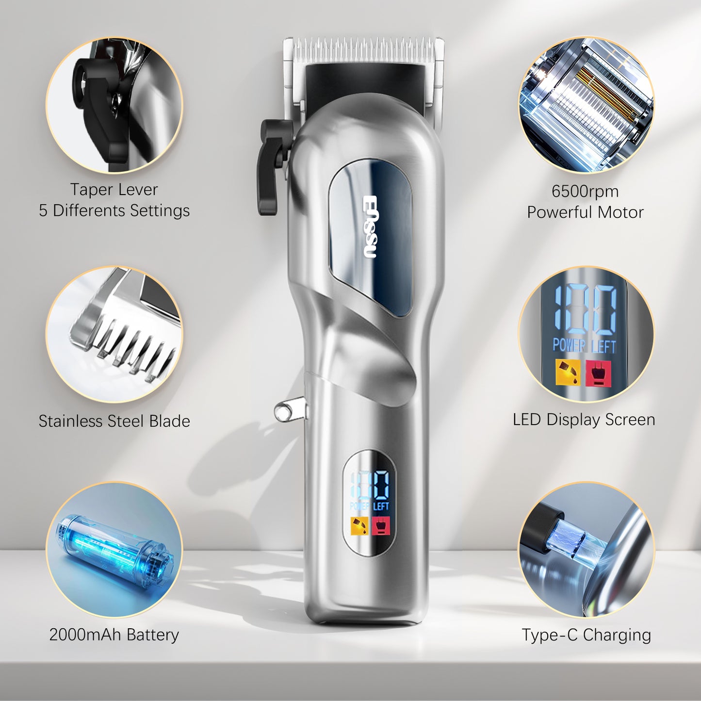Pro Hair Clipper – Adjustable 45mm Stainless Blade, 6500RPM Motor