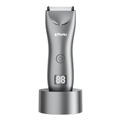 Men's Body Trimmer – Silver Waterproof, Ceramic Blade For Groin & Body, LED Light, LCD Display & Dock