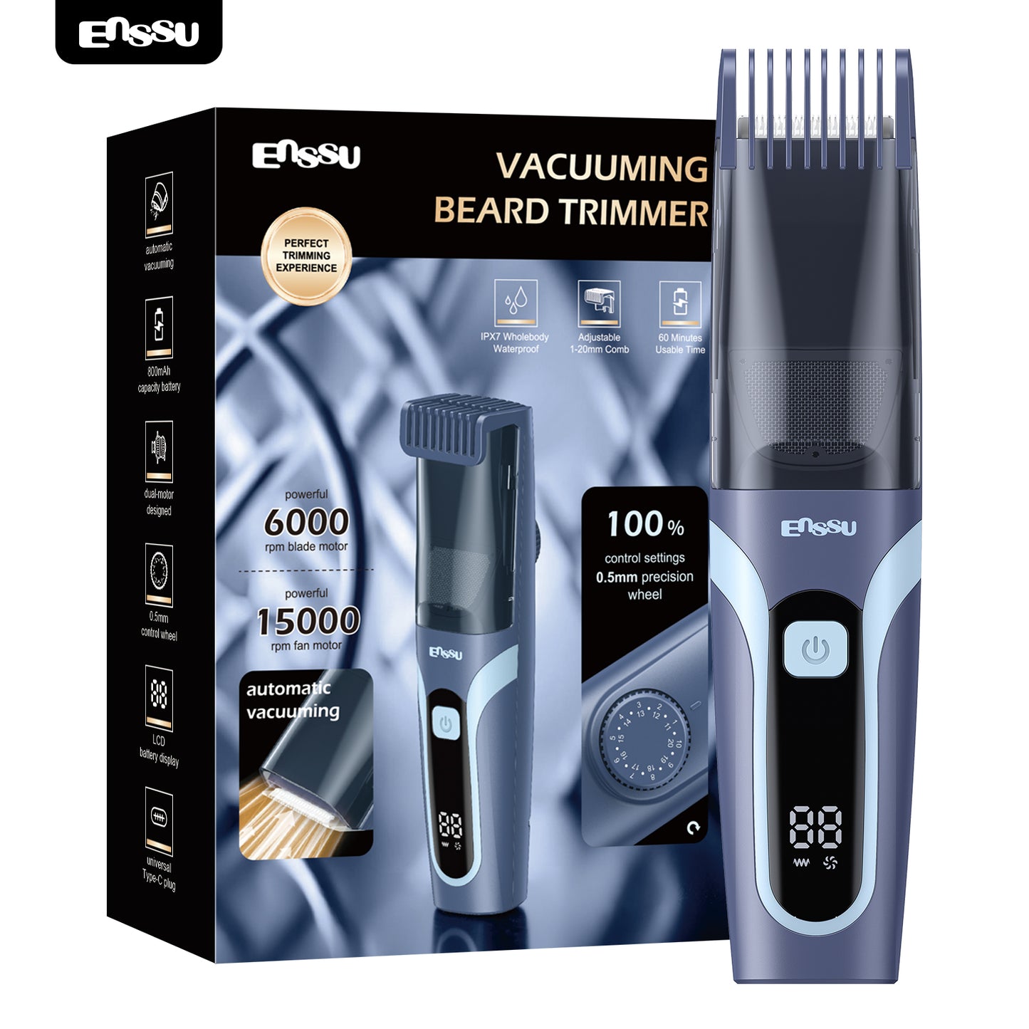 Vacuum Beard Trimmer – Blue, 1-20mm Combs, LCD Display, IPX7 Waterproof