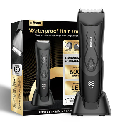 Men’s Body Trimmer – Safe Cut-Preventing Blade, IPX7 Waterproof, LED Spotlight, LCD Display & Charging Dock – Black