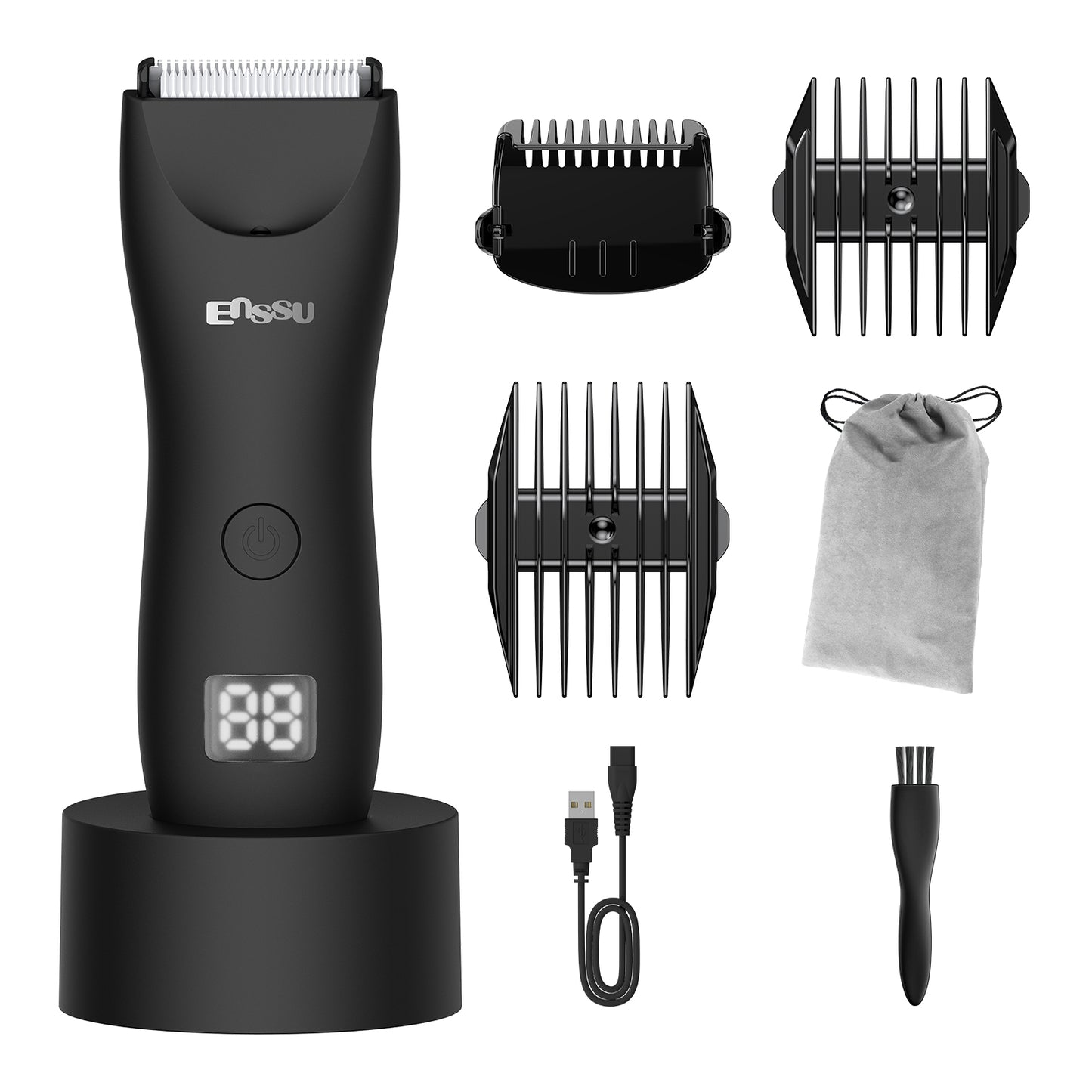 Men's Body Trimmer – Black Waterproof, Ceramic Blade For Groin & Body, LED Light, LCD Display & Dock
