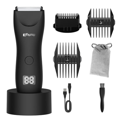 Men's Body Trimmer – Black Waterproof, Ceramic Blade For Groin & Body, LED Light, LCD Display & Dock