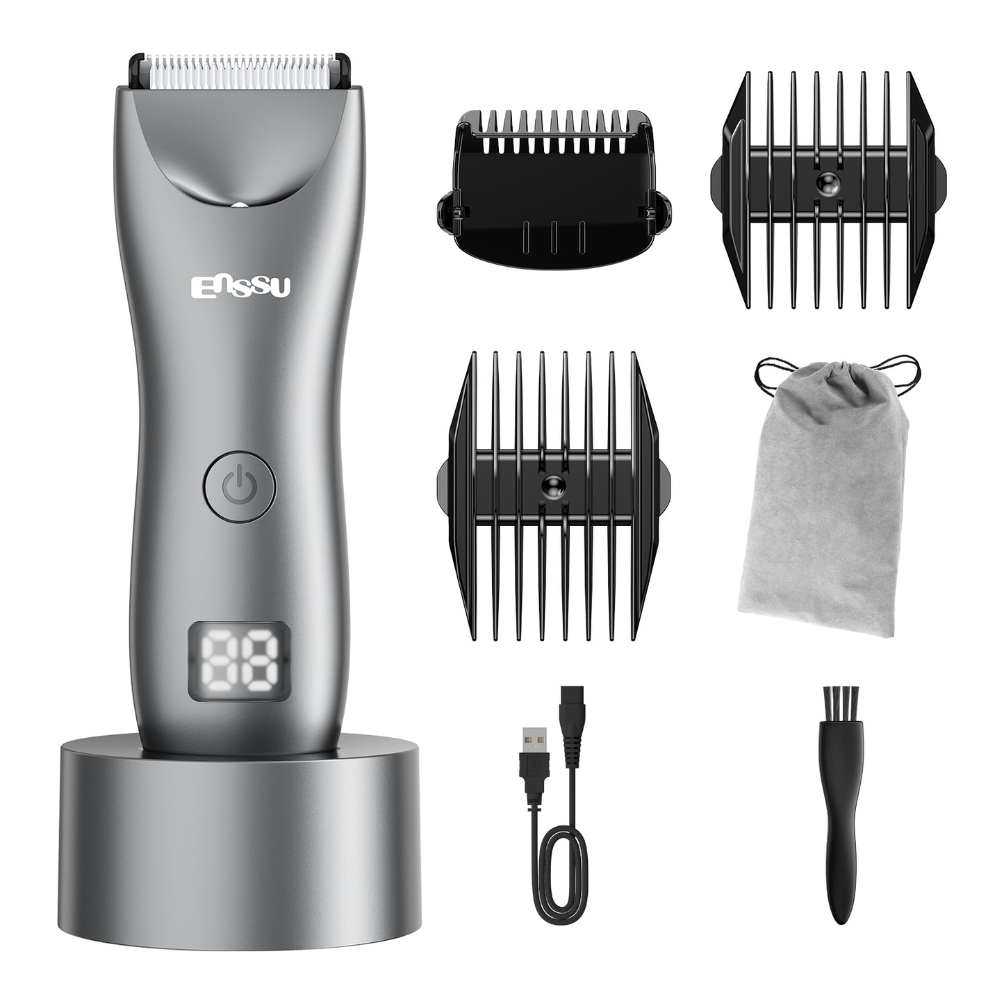Men's Body Trimmer – Silver Waterproof, Ceramic Blade For Groin & Body, LED Light, LCD Display & Dock