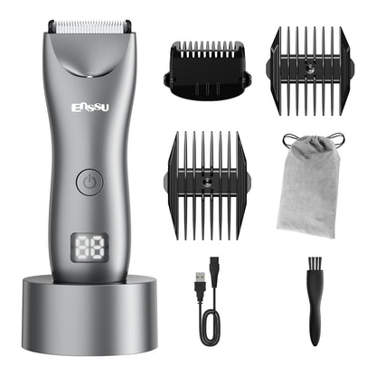 Men's Body Trimmer – Silver Waterproof, Ceramic Blade For Groin & Body, LED Light, LCD Display & Dock