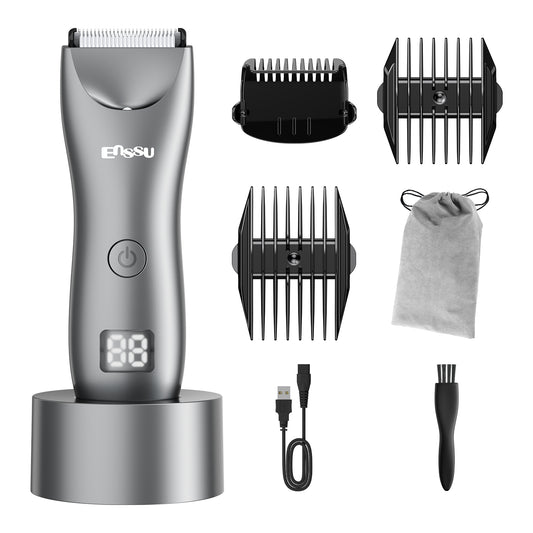 Men's Body Trimmer – Silver Waterproof, Ceramic Blade For Groin & Body, LED Light, LCD Display & Dock
