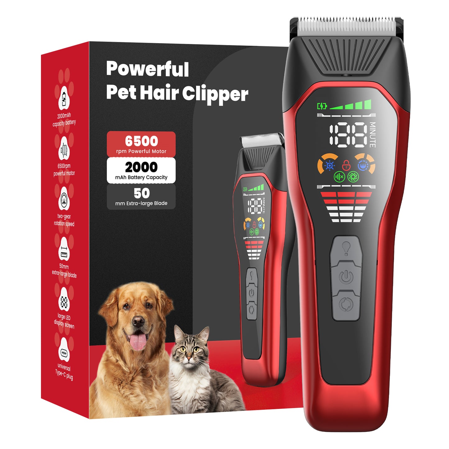 Professional Pet Hair Clipper – 50mm Wide Blade, 6500RPM Powerful Motor, Large LCD Display, Skin-Safe Design