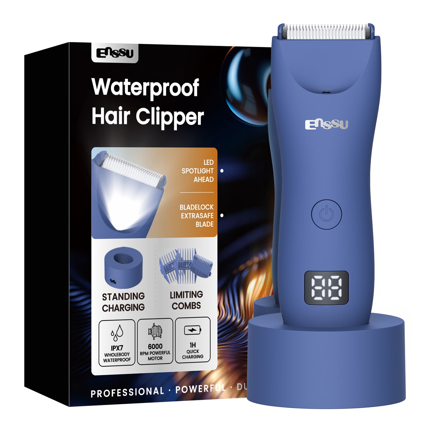 Men's Body Trimmer – Blue Waterproof, Ceramic Blade For Groin & Body, LED Light, LCD Display & Dock