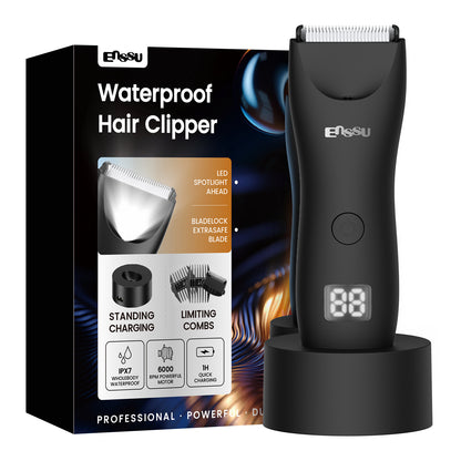 Men's Body Trimmer – Black Waterproof, Ceramic Blade For Groin & Body, LED Light, LCD Display & Dock