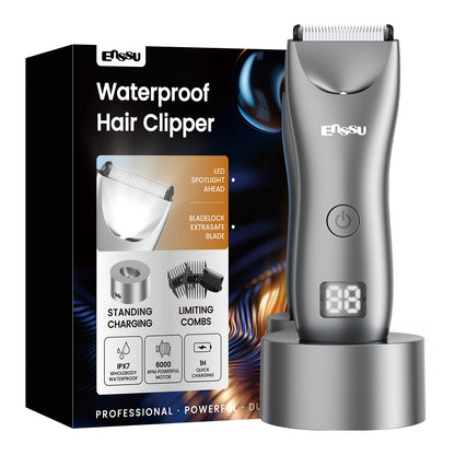 Men's Body Trimmer – Silver Waterproof, Ceramic Blade For Groin & Body, LED Light, LCD Display & Dock