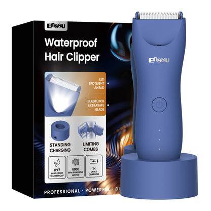 Men’s Body Trimmer Blue – Waterproof, Ceramic Blade, LED Light & Dock