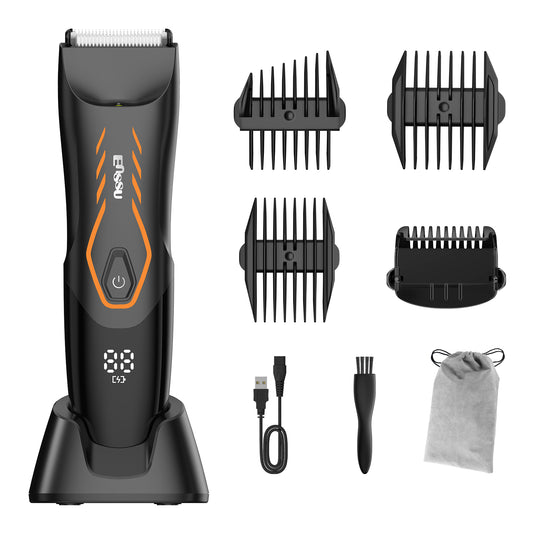 Men’s Body Trimmer – Safe Cut-Preventing Blade, IPX7 Waterproof, LED Spotlight, LCD Display & Charging Dock – Black