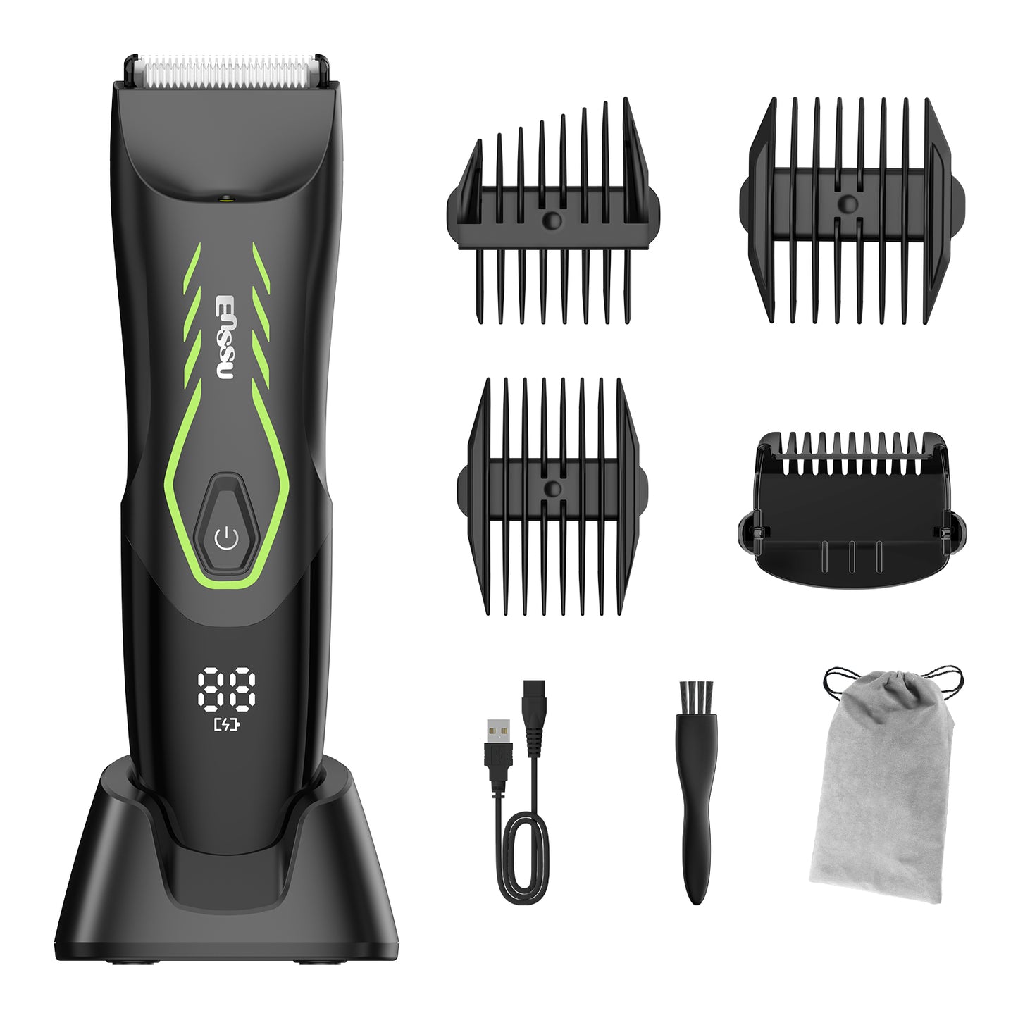 Men’s Body Trimmer – Safe Cut-Preventing Blade, IPX7 Waterproof, LED Spotlight, LCD Display & Charging Dock – Green