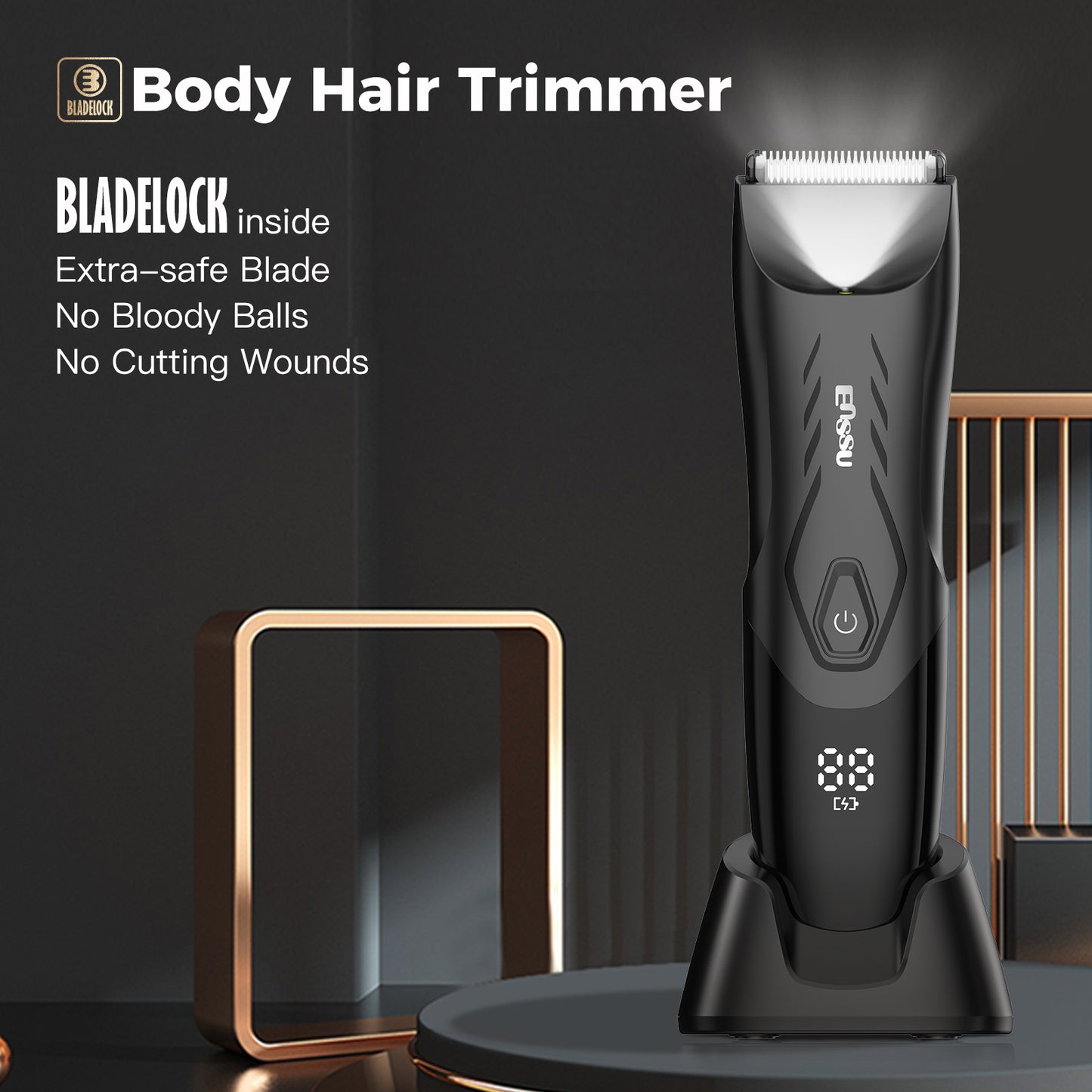 Men’s Body Trimmer – Safe Cut-Preventing Blade, IPX7 Waterproof, LED Spotlight, LCD Display & Charging Dock – Black