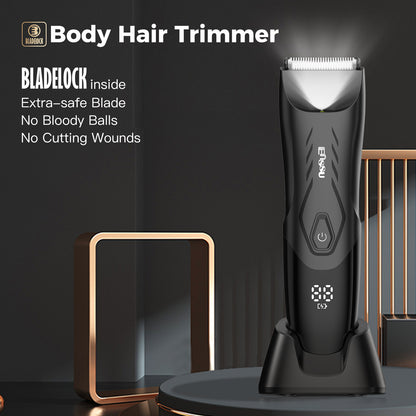 Men’s Body Trimmer – Safe Cut-Preventing Blade, IPX7 Waterproof, LED Spotlight, LCD Display & Charging Dock – Black