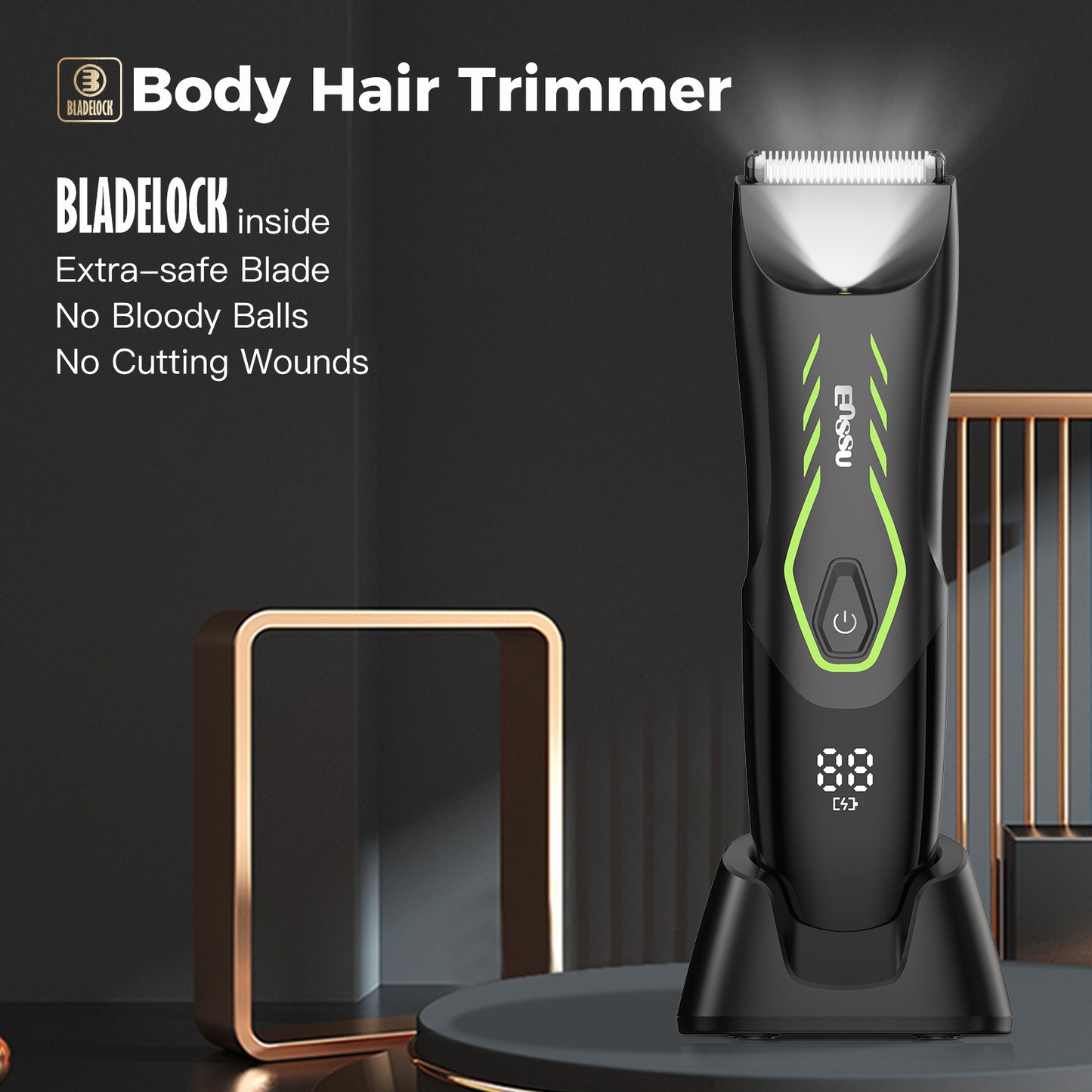 Men’s Body Trimmer – Safe Cut-Preventing Blade, IPX7 Waterproof, LED Spotlight, LCD Display & Charging Dock – Green