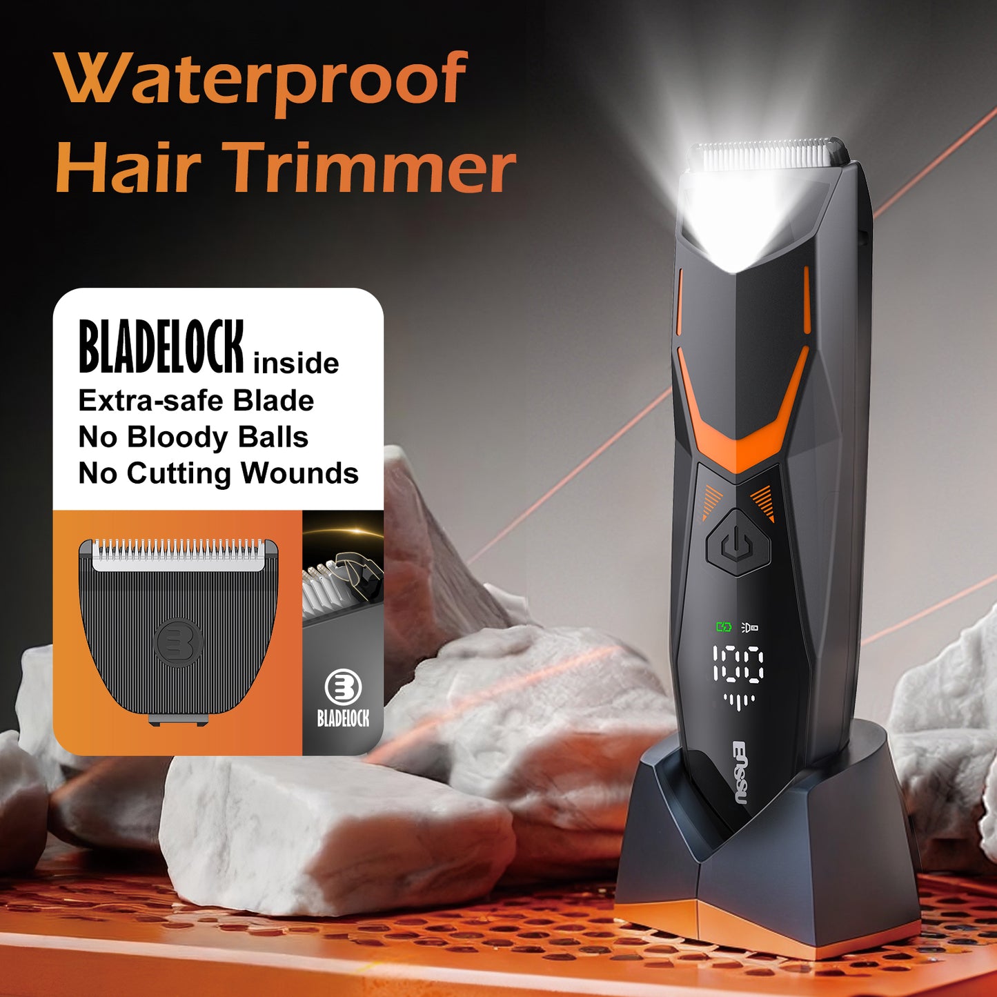 Men's Body Trimmer - Cut-Preventing Blade, IPX7 Waterproof, Spotlight, LCD Display & Dock