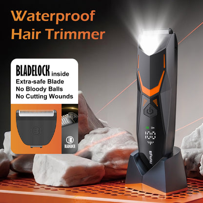 Men's Body Trimmer - Cut-Preventing Blade, IPX7 Waterproof, Spotlight, LCD Display & Dock