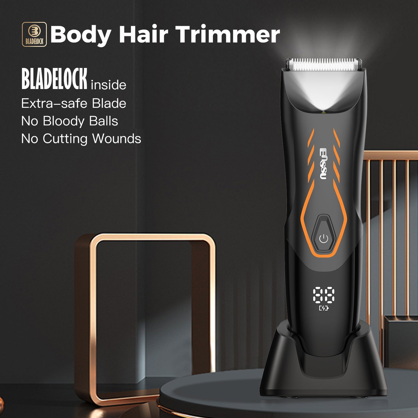 Men’s Body Trimmer – Safe Cut-Preventing Blade, IPX7 Waterproof, LED Spotlight, LCD Display & Charging Dock – Black