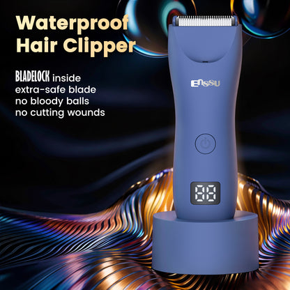 Men's Body Trimmer – Blue Waterproof, Ceramic Blade For Groin & Body, LED Light, LCD Display & Dock
