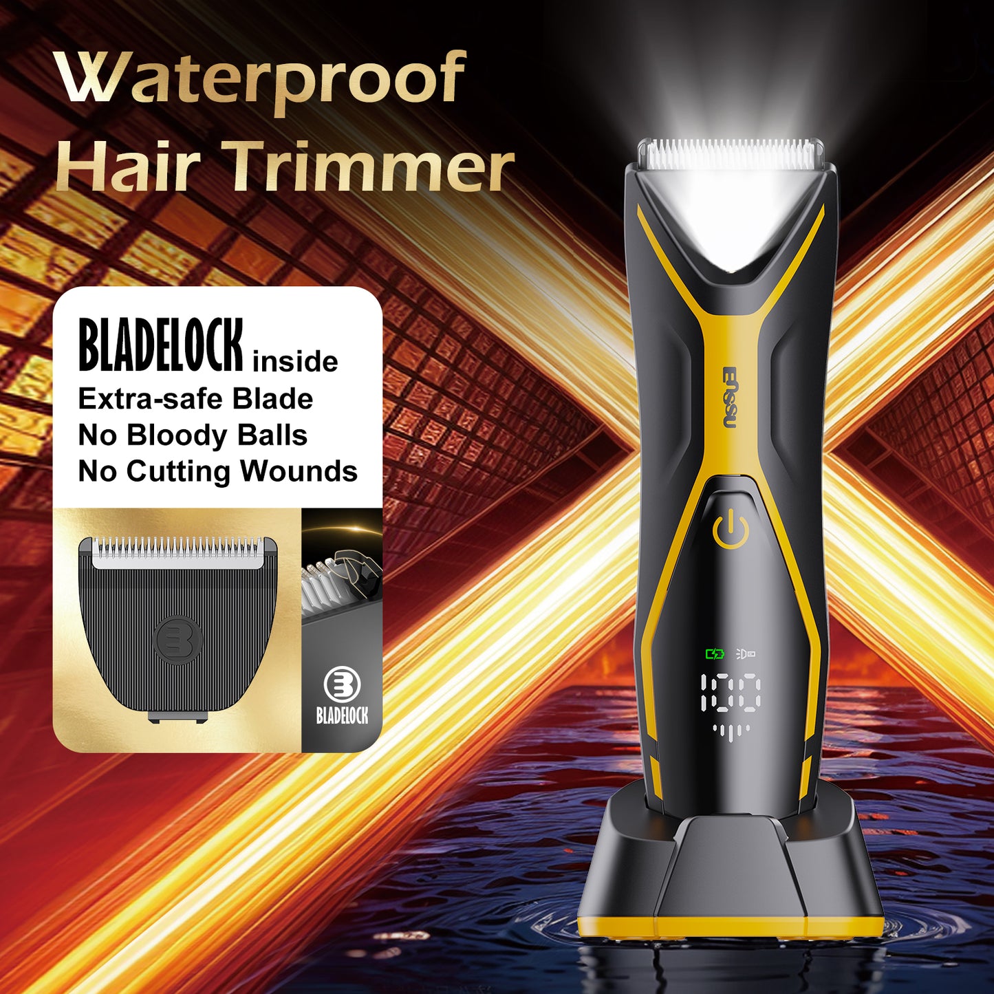 Men's Body Trimmer - Cut-Preventing Blade, IPX7 Waterproof, Spotlight, LCD Display & Dock