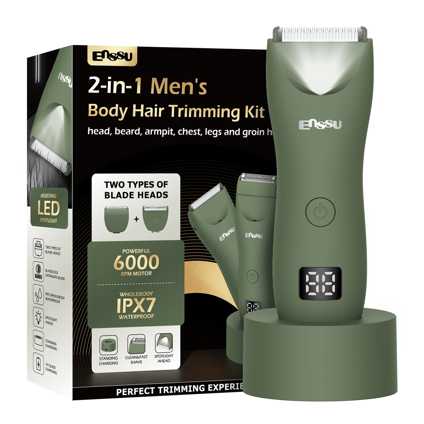 2-in-1 Men's Body Trimmer Dual Blade Kit – Waterproof, Ceramic Blade, LED Light, LCD Display & Dock