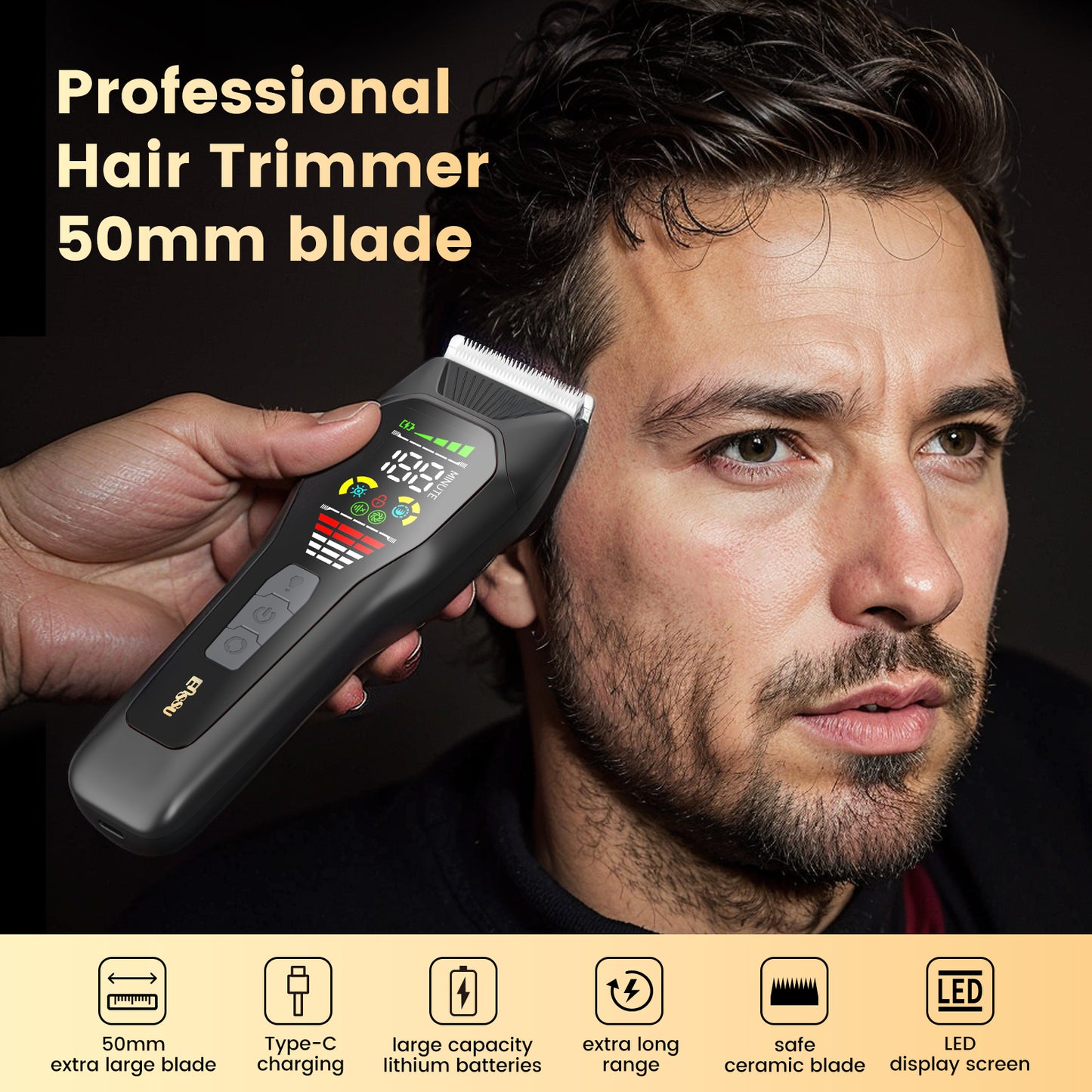 Professional Hair Trimmer – 50mm Blade 6500RPM Motor LCD Display