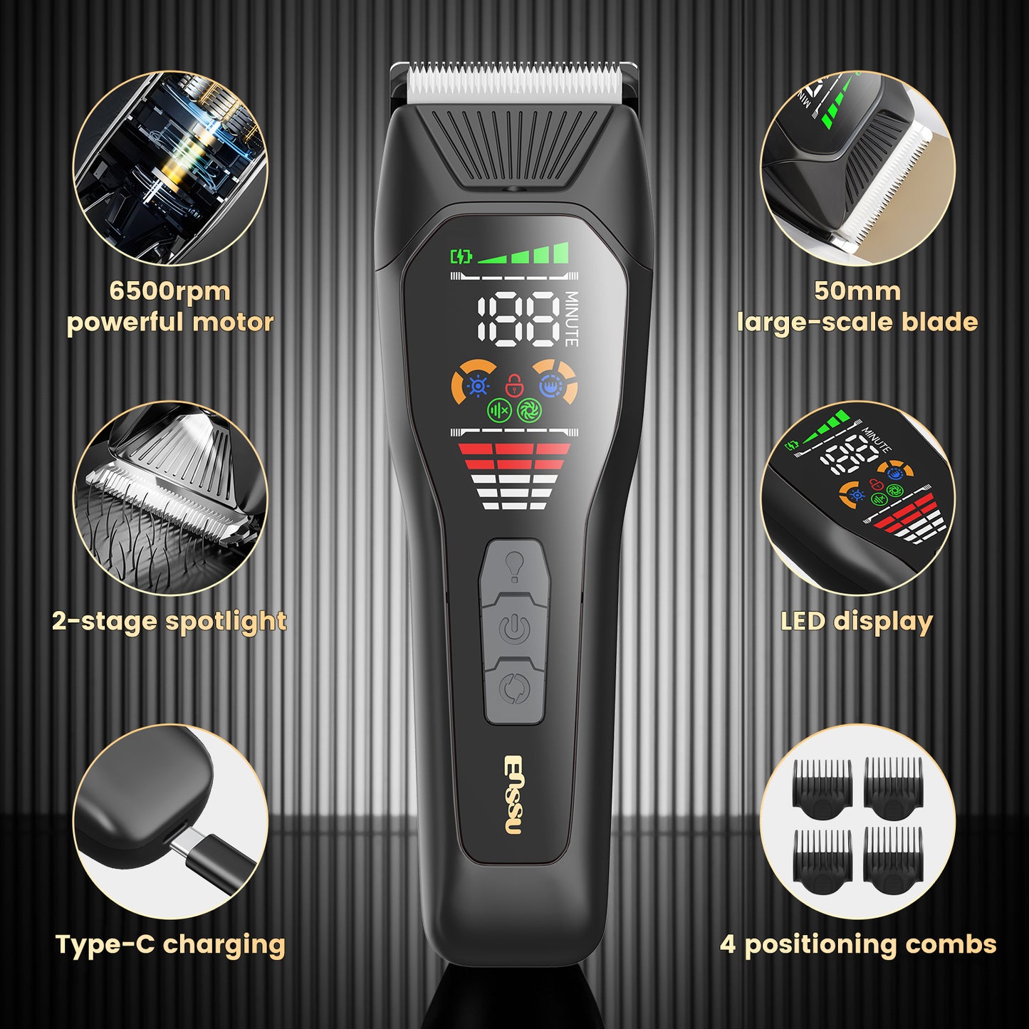 Professional Hair Trimmer – 50mm Blade 6500RPM Motor LCD Display