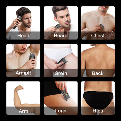 Men’s Body Trimmer – Safe Cut-Preventing Blade, IPX7 Waterproof, LED Spotlight, LCD Display & Charging Dock – Black