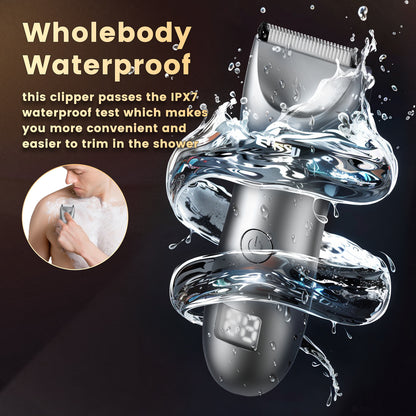 Men's Body Trimmer – Silver Waterproof, Ceramic Blade For Groin & Body, LED Light, LCD Display & Dock