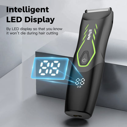 Men’s Body Trimmer – Safe Cut-Preventing Blade, IPX7 Waterproof, LED Spotlight, LCD Display & Charging Dock – Green