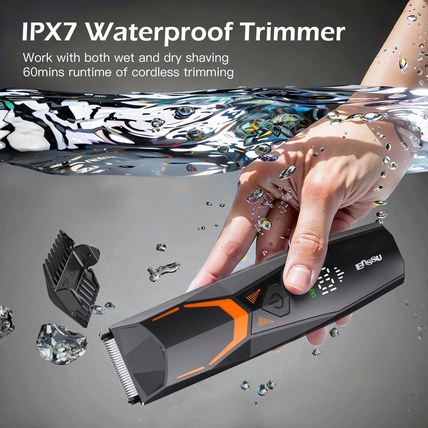 Men's Body Trimmer - Cut-Preventing Blade, IPX7 Waterproof, Spotlight, LCD Display & Dock