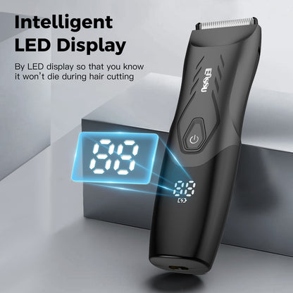 Men’s Body Trimmer – Safe Cut-Preventing Blade, IPX7 Waterproof, LED Spotlight, LCD Display & Charging Dock – Black