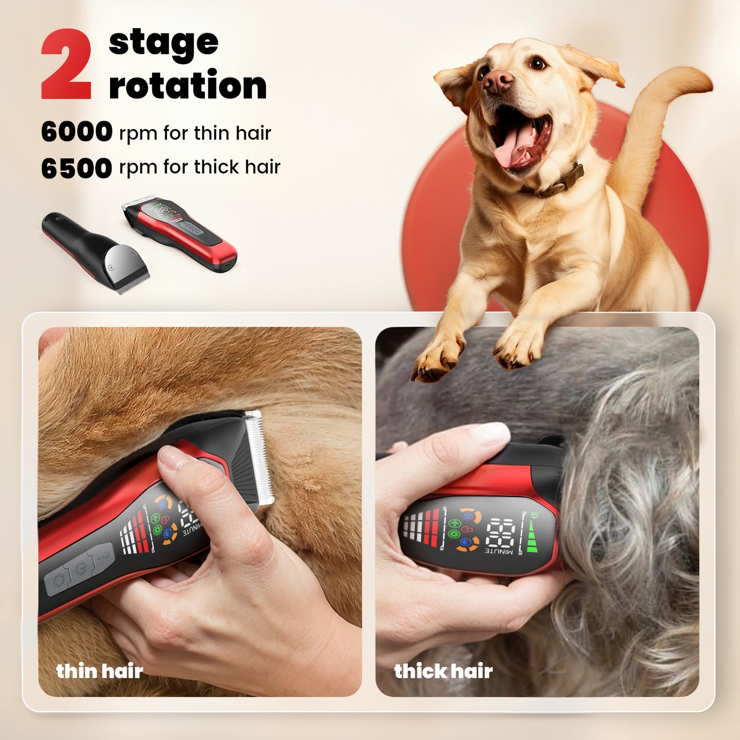 Professional Pet Hair Clipper – 50mm Wide Blade, 6500RPM Powerful Motor, Large LCD Display, Skin-Safe Design
