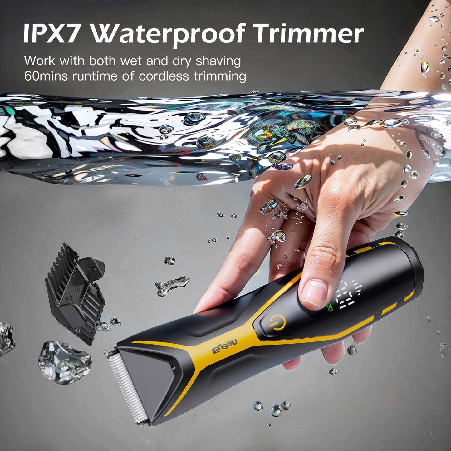 Men's Body Trimmer - Cut-Preventing Blade, IPX7 Waterproof, Spotlight, LCD Display & Dock