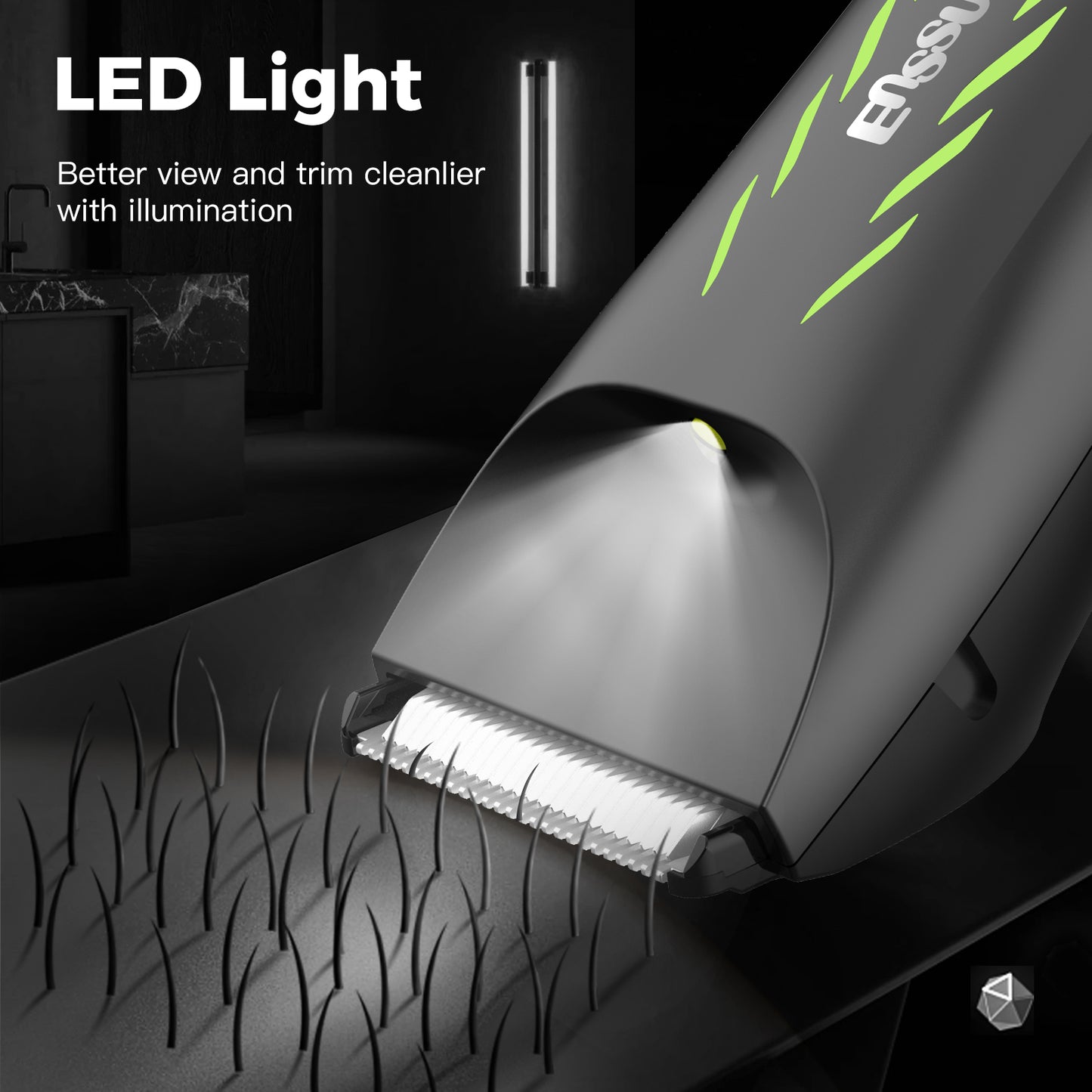 Men’s Body Trimmer – Safe Cut-Preventing Blade, IPX7 Waterproof, LED Spotlight, LCD Display & Charging Dock – Green