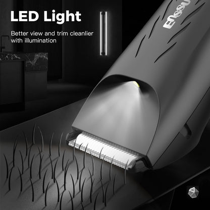 Men’s Body Trimmer – Safe Cut-Preventing Blade, IPX7 Waterproof, LED Spotlight, LCD Display & Charging Dock – Black
