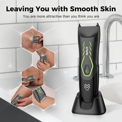 Men’s Body Trimmer – Safe Cut-Preventing Blade, IPX7 Waterproof, LED Spotlight, LCD Display & Charging Dock – Green