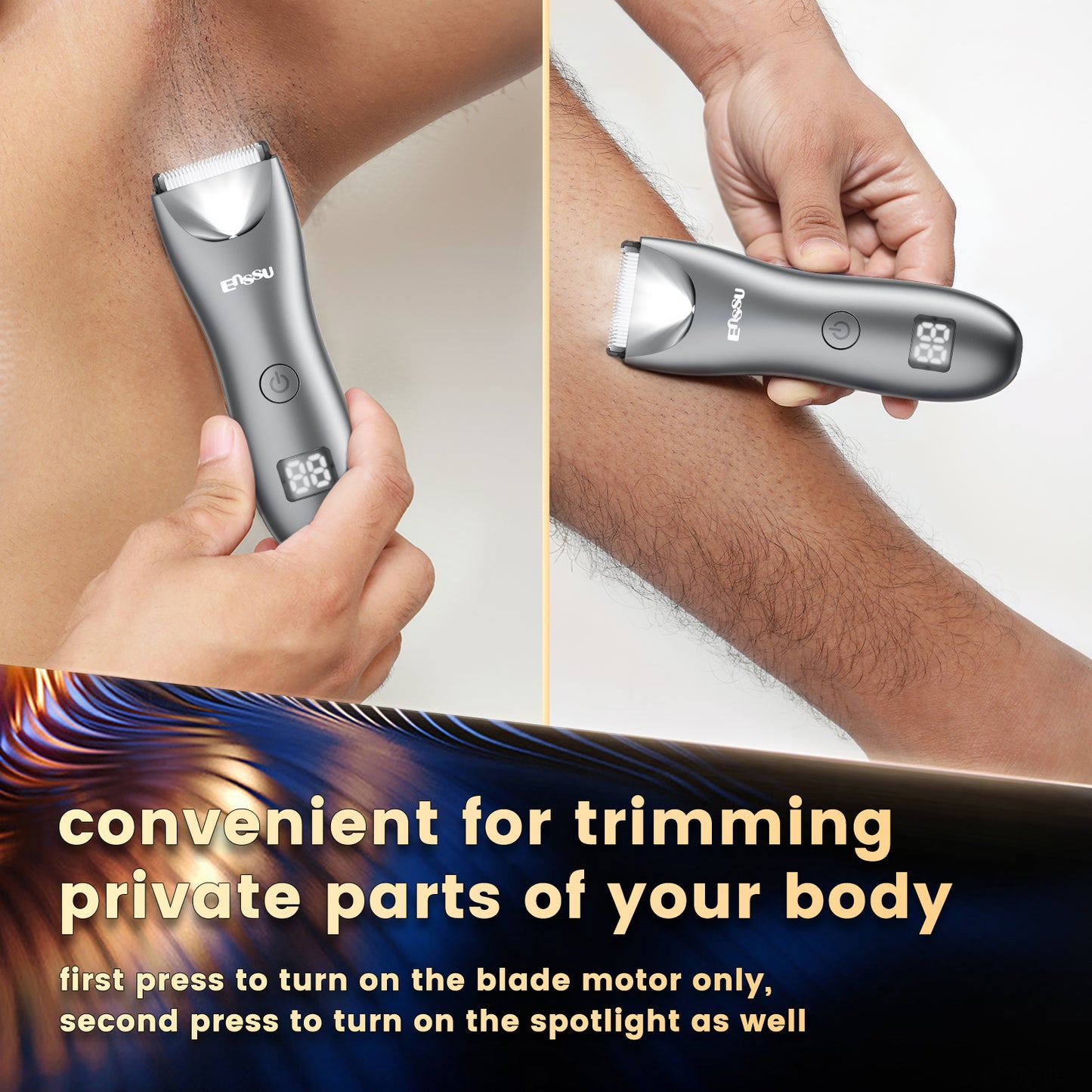 Men's Body Trimmer – Silver Waterproof, Ceramic Blade For Groin & Body, LED Light, LCD Display & Dock
