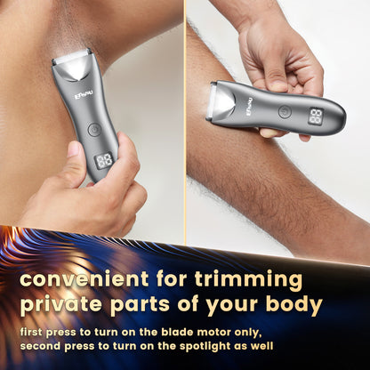 Men's Body Trimmer – Silver Waterproof, Ceramic Blade For Groin & Body, LED Light, LCD Display & Dock