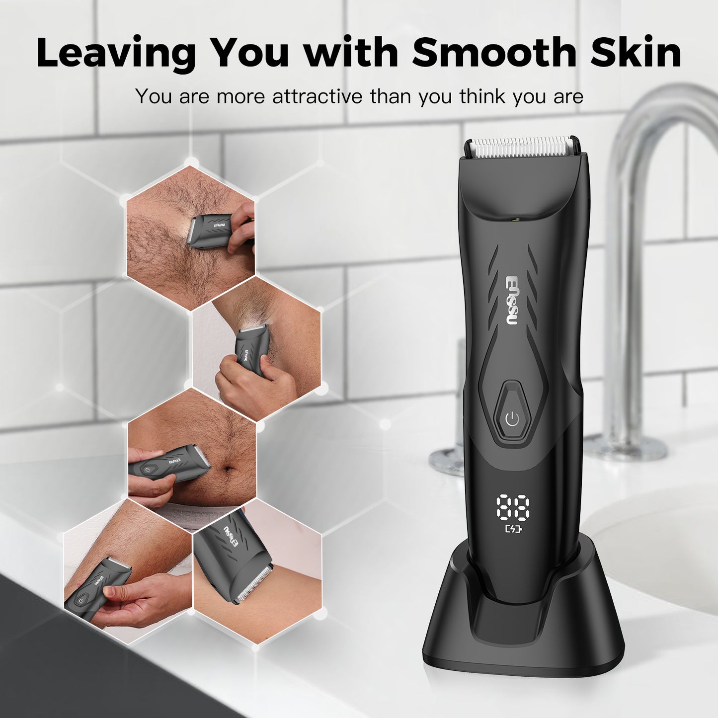 Men’s Body Trimmer – Safe Cut-Preventing Blade, IPX7 Waterproof, LED Spotlight, LCD Display & Charging Dock – Black
