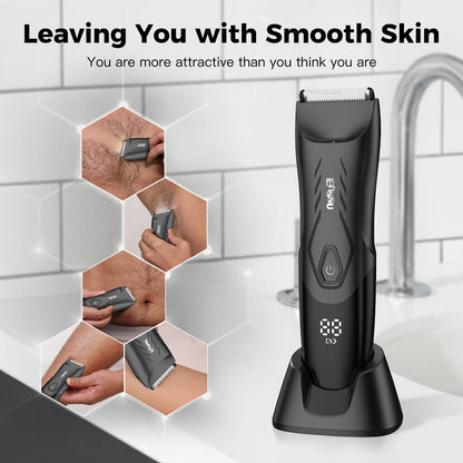 Men’s Body Trimmer – Safe Cut-Preventing Blade, IPX7 Waterproof, LED Spotlight, LCD Display & Charging Dock – Black