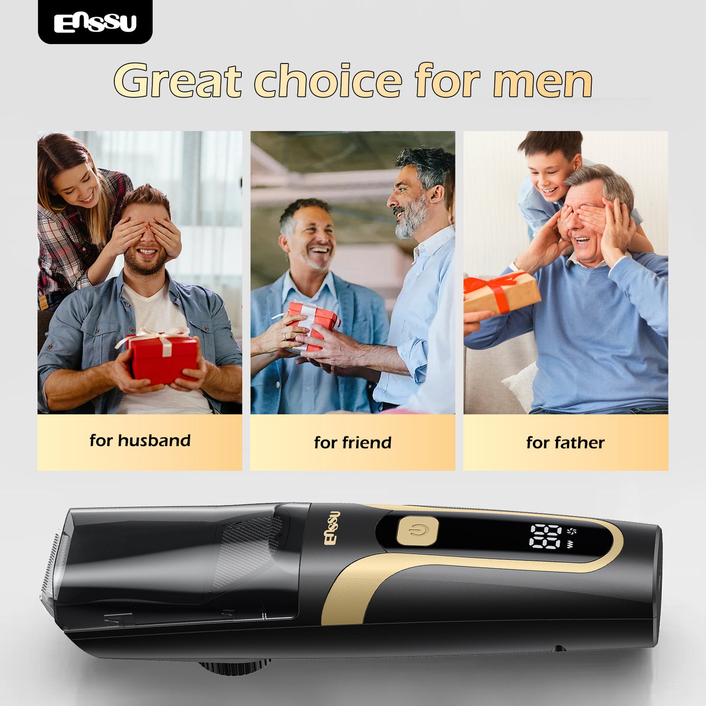 Vacuum Beard Trimmer – Yellow, 1-20mm Combs, LCD Display, IPX7 Waterproof