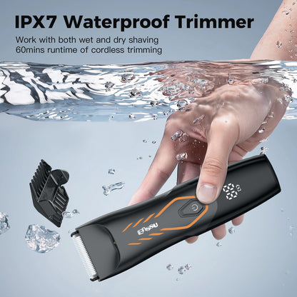Men’s Body Trimmer – Safe Cut-Preventing Blade, IPX7 Waterproof, LED Spotlight, LCD Display & Charging Dock – Black