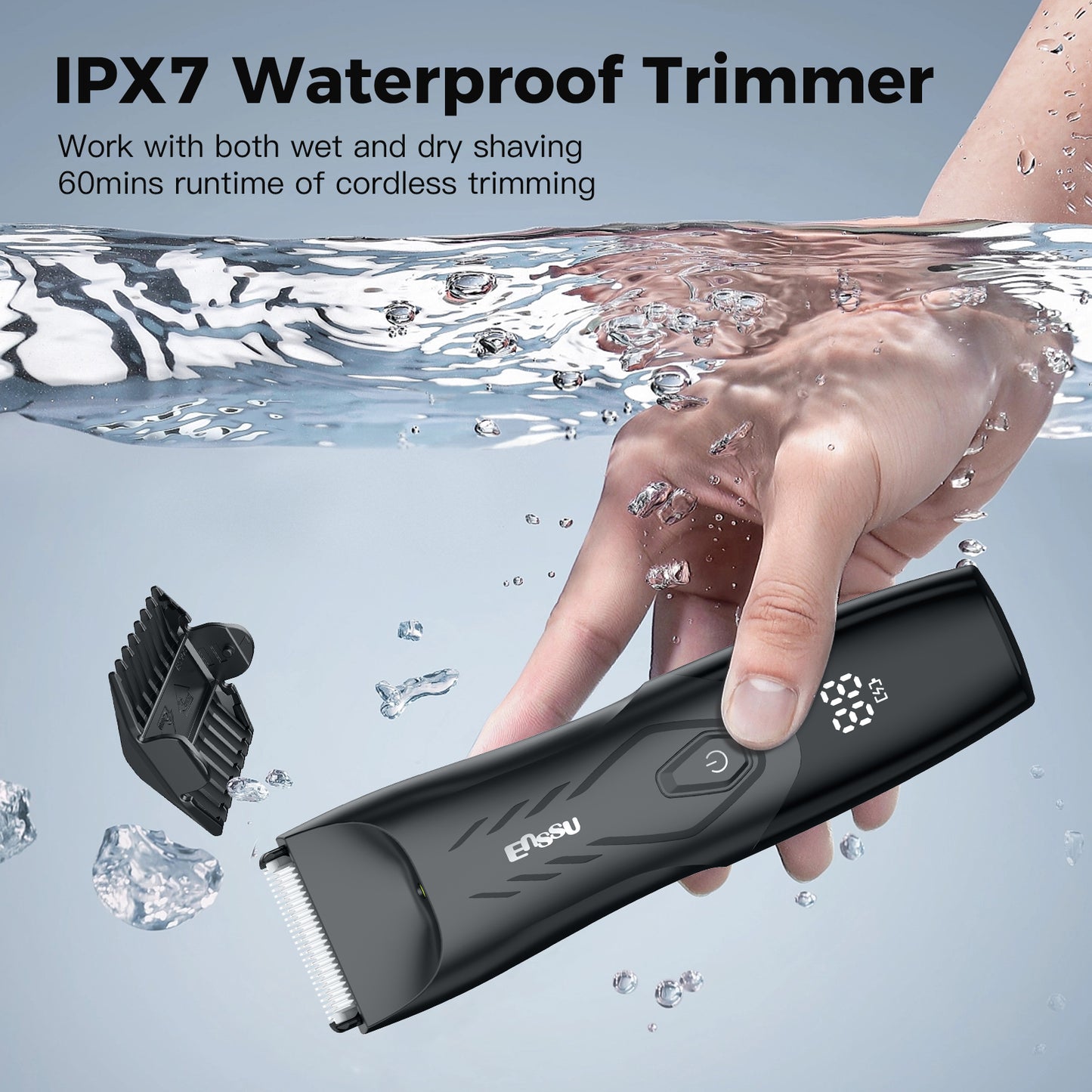 Men’s Body Trimmer – Safe Cut-Preventing Blade, IPX7 Waterproof, LED Spotlight, LCD Display & Charging Dock – Black