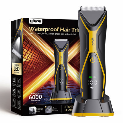 Men's Body Trimmer - Cut-Preventing Blade, IPX7 Waterproof, Spotlight, LCD Display & Dock
