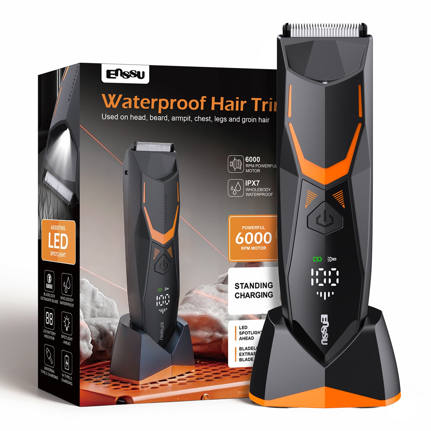 Men's Body Trimmer - Cut-Preventing Blade, IPX7 Waterproof, Spotlight, LCD Display & Dock