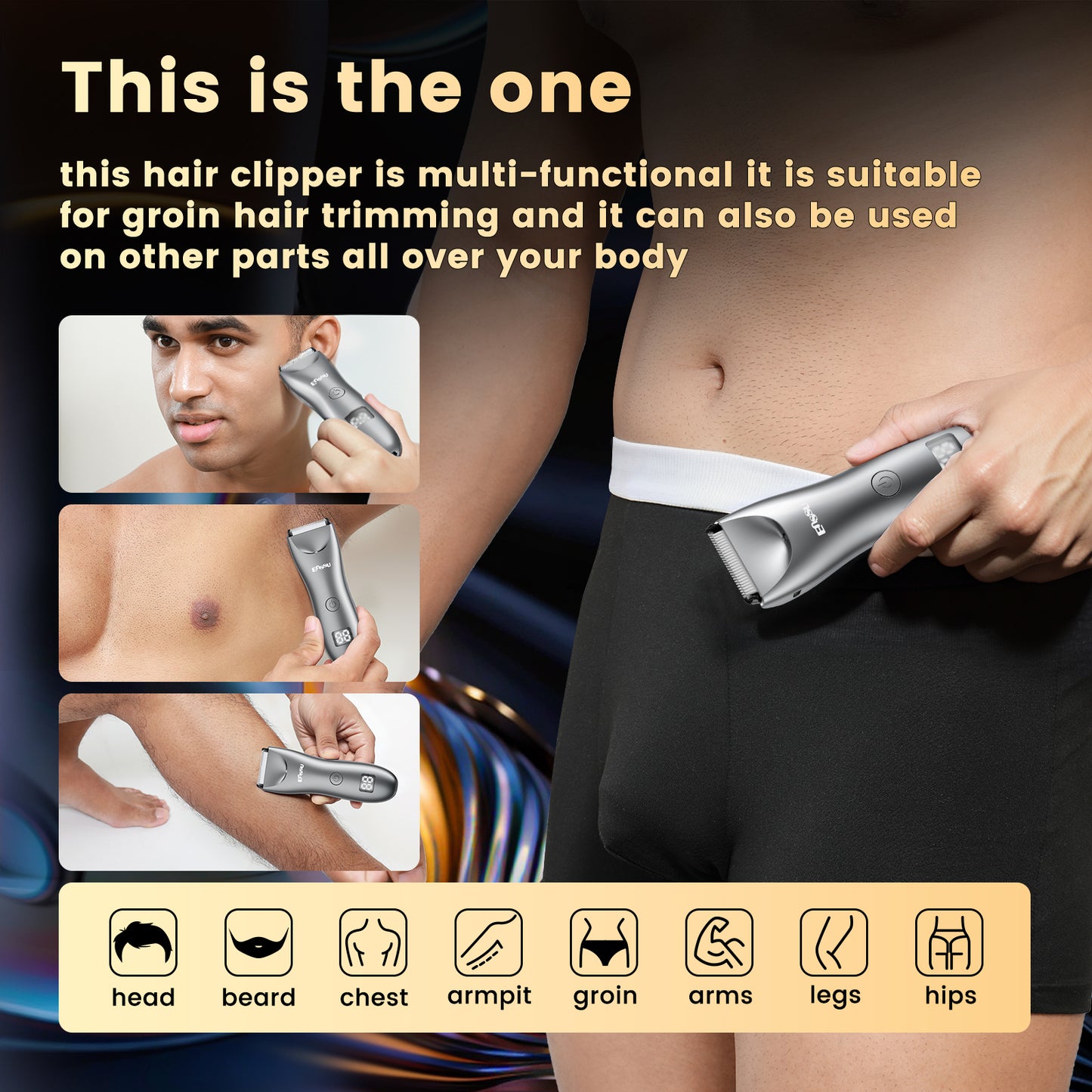 Men's Body Trimmer – Silver Waterproof, Ceramic Blade For Groin & Body, LED Light, LCD Display & Dock