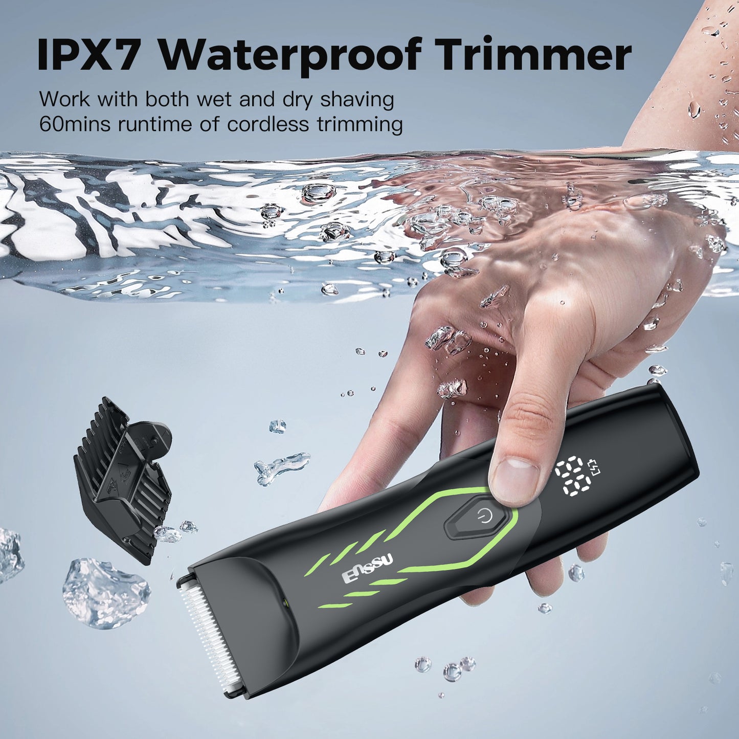 Men’s Body Trimmer – Safe Cut-Preventing Blade, IPX7 Waterproof, LED Spotlight, LCD Display & Charging Dock – Green