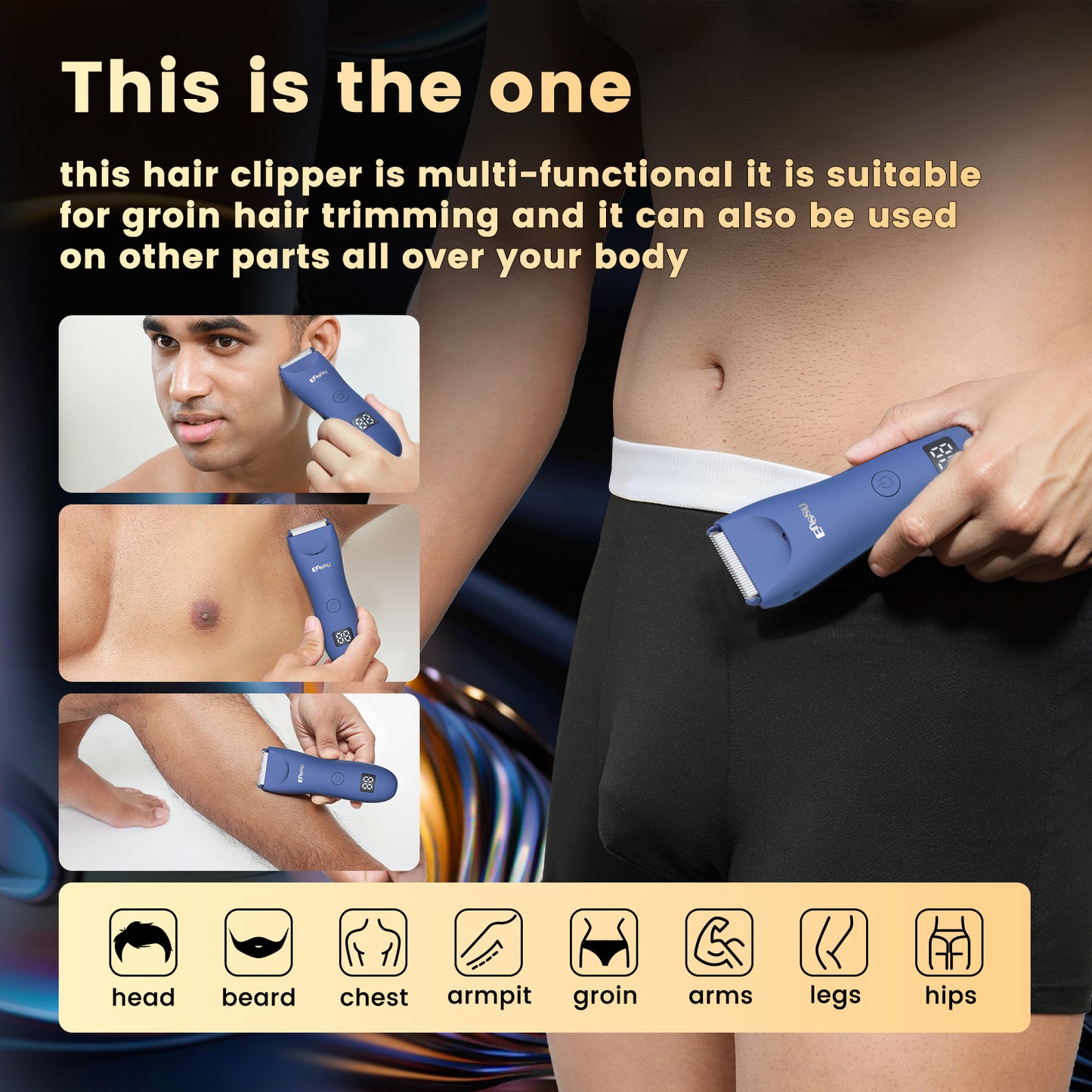 Men's Body Trimmer – Blue Waterproof, Ceramic Blade For Groin & Body, LED Light, LCD Display & Dock